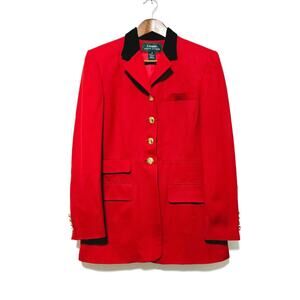 Ralph Lauren Red Wool Fox-Hunting Style Jacket Pockets w/Blk Velvet Collar SZ 6
